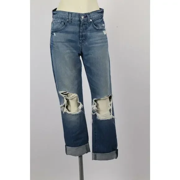 7 FOR ALL MANKIND Blue Denim Ripped Distressed Straight Leg Jeans Pants Size 26